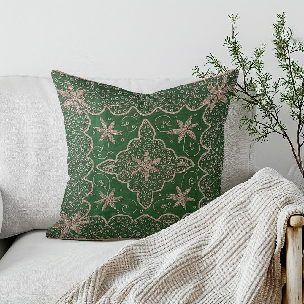 Green Embroidered Organza Pillow Cover: Floral Medallion, Ethnic Decor