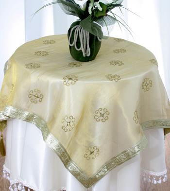 59" Gold Embroidered Tablecloth Indian Sheer Tasseled Table Topper Tasseled Floral