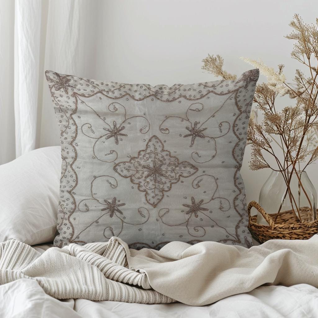 White-Gold 24 Inch Organza Embroidered Pillow Cover: Handmade Zardozi, Ethnic Floral Design