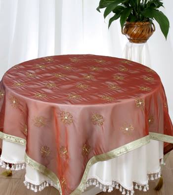 59" Red Embroidered Tablecloth Indian Sheer Tasseled Table Topper Tasseled Floral (Copy)