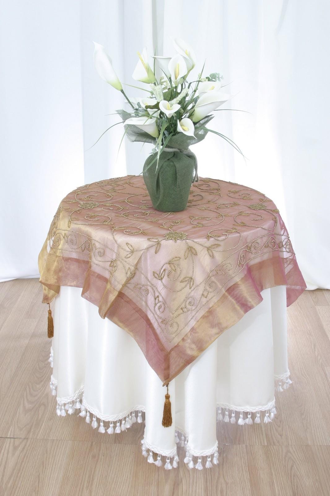 35 Inch Beaded Tasseled Tablecloth: Floral Sheer Table Linen, Handcrafted in India