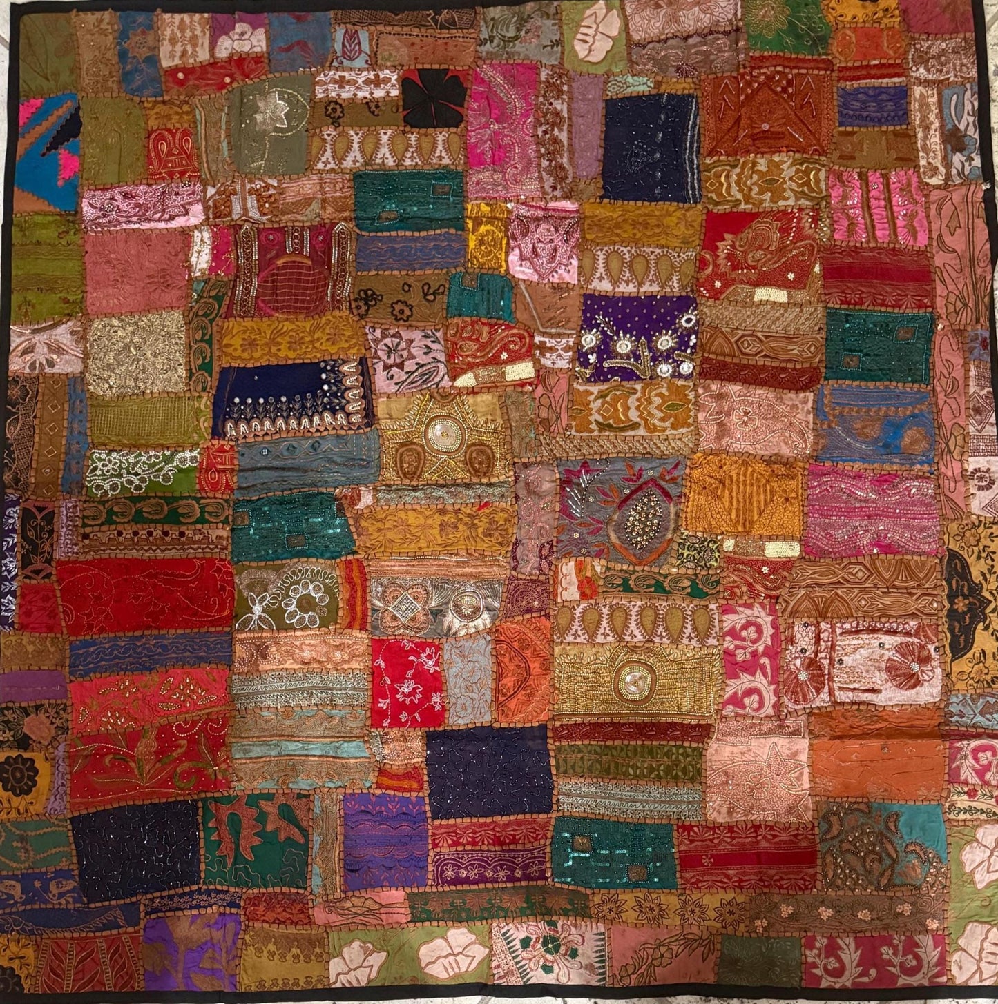 Handmade Embroidered Indian Sari Tapestry Wall Hanging – Vintage Zari Patchwork Mirror Work Boho Decor, Large Multicolor Ethnic Textile Art 60" x 60" Inch for Living Room, Bedroom, or Yoga Space