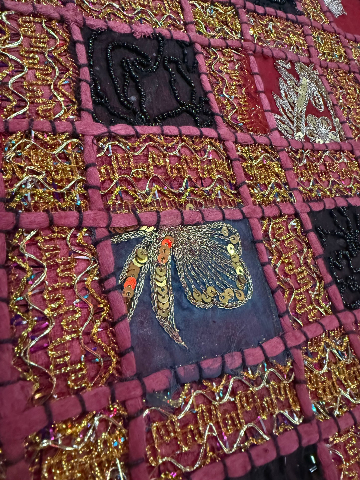 Handmade Indian Patchwork Cushion Cover – 16x16 Inch Red Boho Tapestry Pillow Burgundy Beaded Tapestry Pillow Cover: Vintage Indian Embroidered Cushion #11