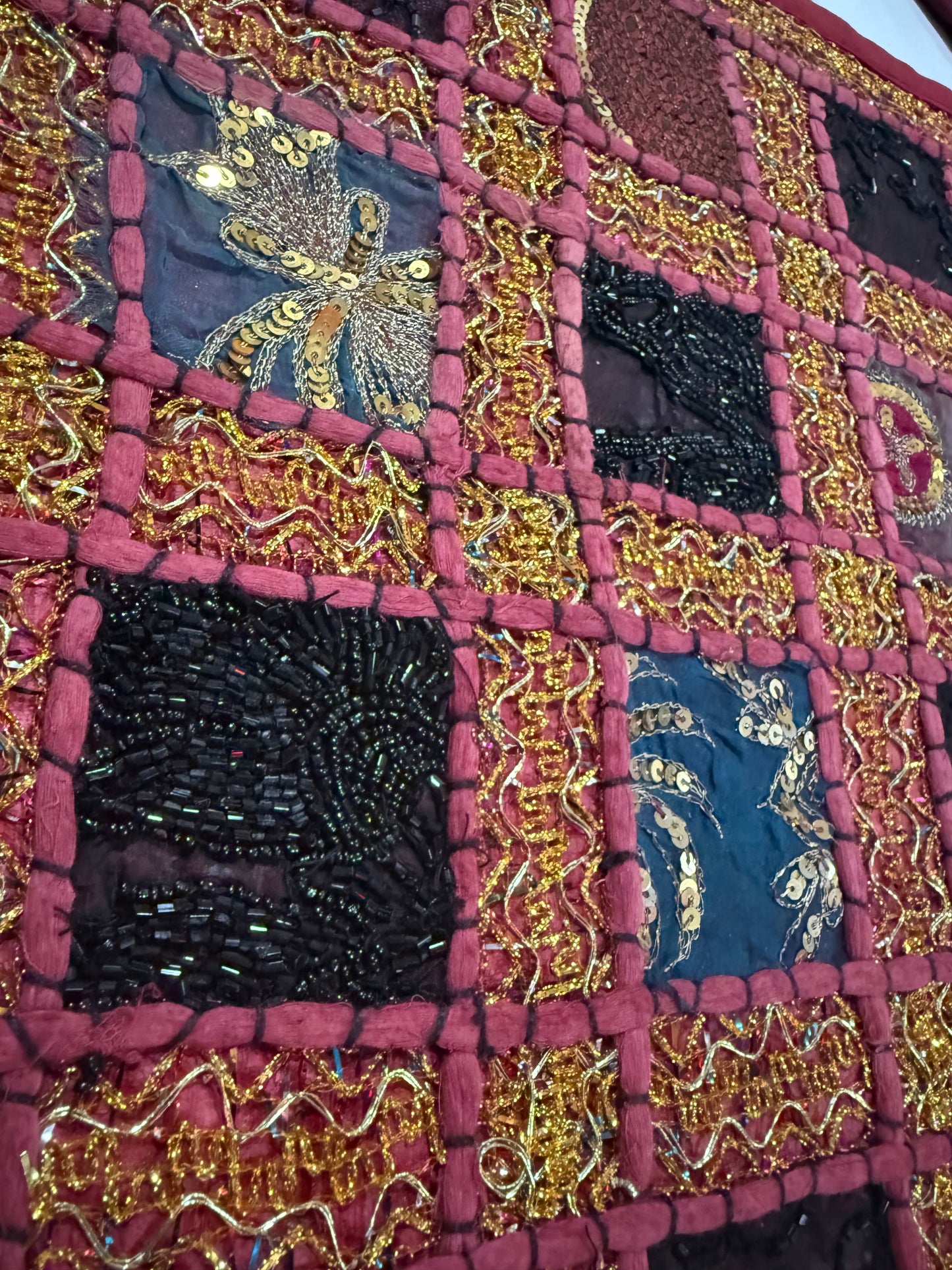 Handmade Indian Patchwork Cushion Cover – 16x16 Inch Red Boho Tapestry Pillow Burgundy Beaded Tapestry Pillow Cover: Vintage Indian Embroidered Cushion #12