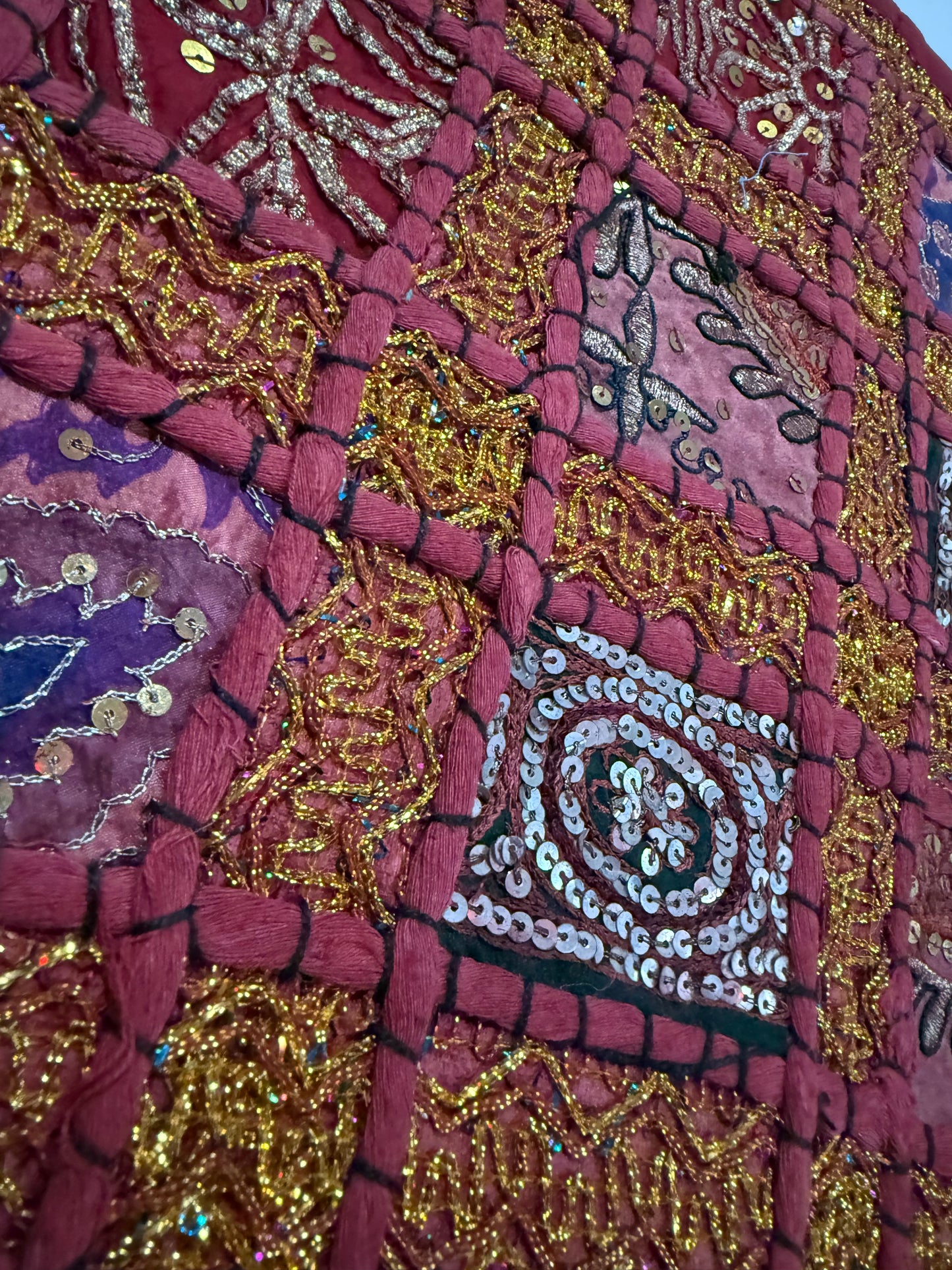 Handmade Indian Patchwork Cushion Cover – 16x16 Inch Red Boho Tapestry Pillow Burgundy Beaded Tapestry Pillow Cover: Vintage Indian Embroidered Cushion #14