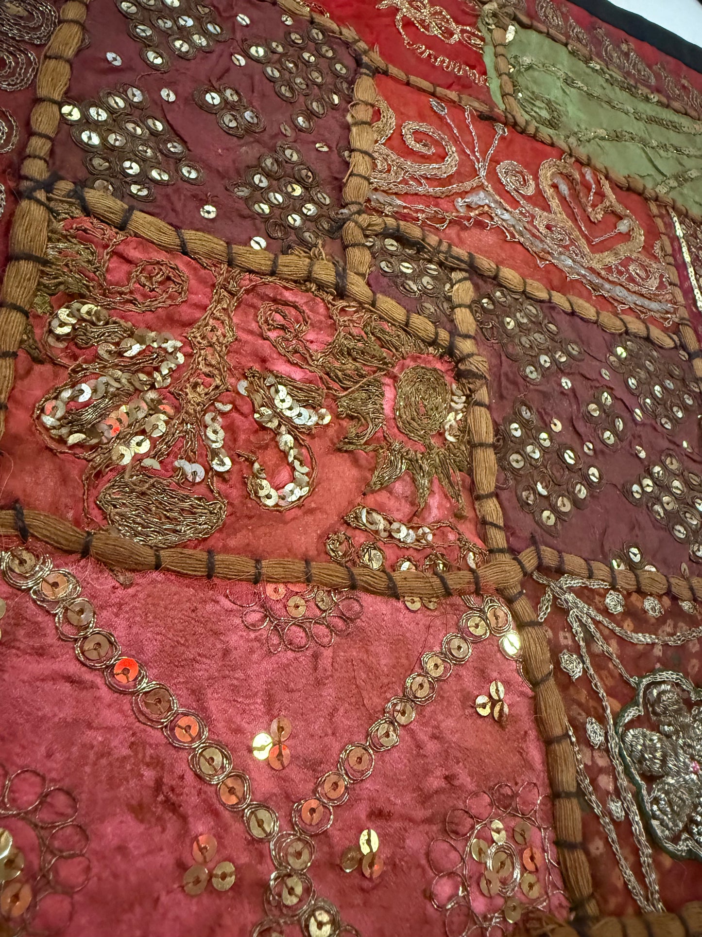 16'' INDIAN TAPESTRY CUSHION COVER ZARI BEADED PATCHWORK DECOR CUSHION COVERS (Kelly) #16