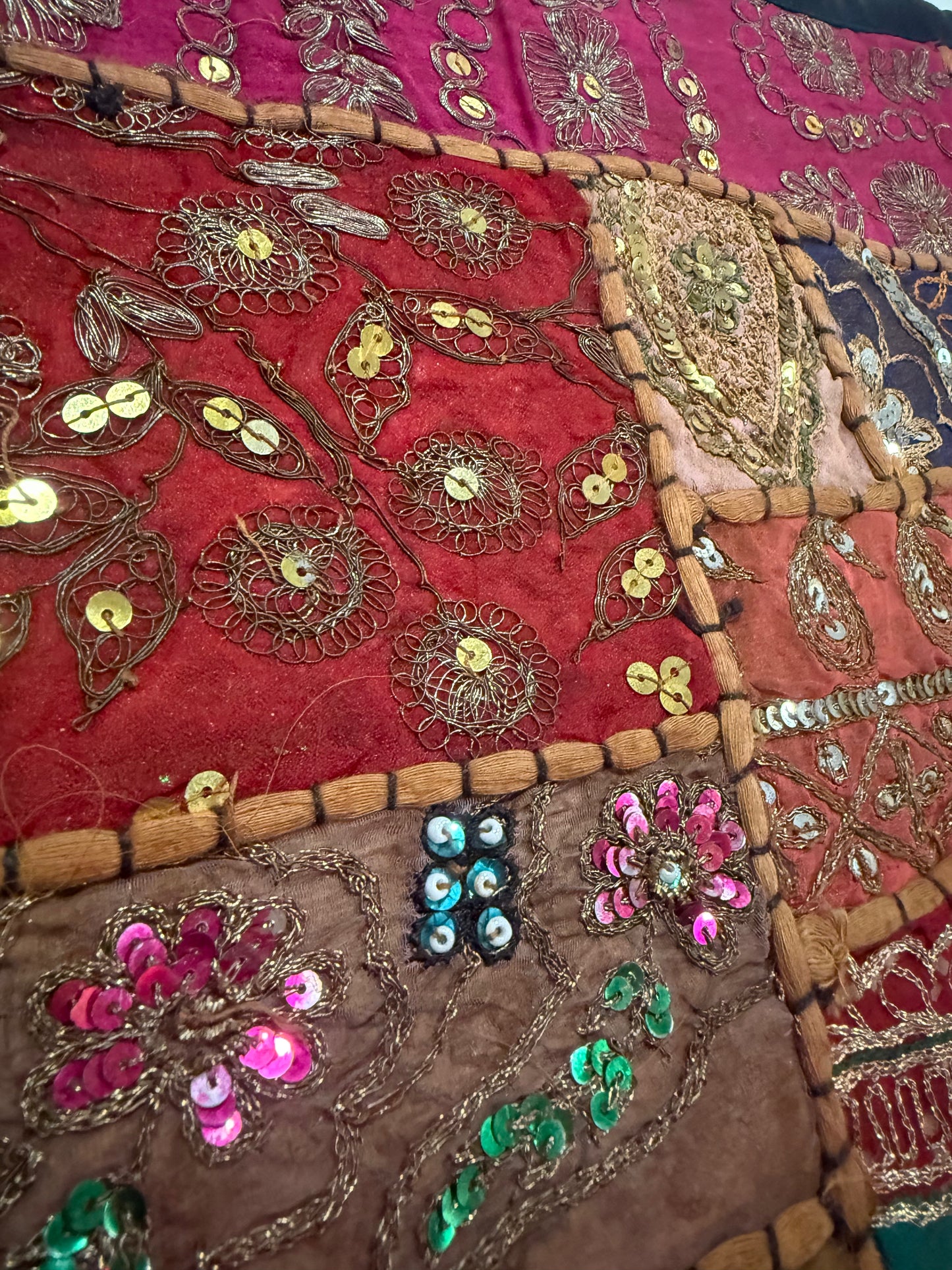 16'' INDIAN TAPESTRY CUSHION COVER ZARI BEADED PATCHWORK DECOR CUSHION COVERS (Kelly) #17