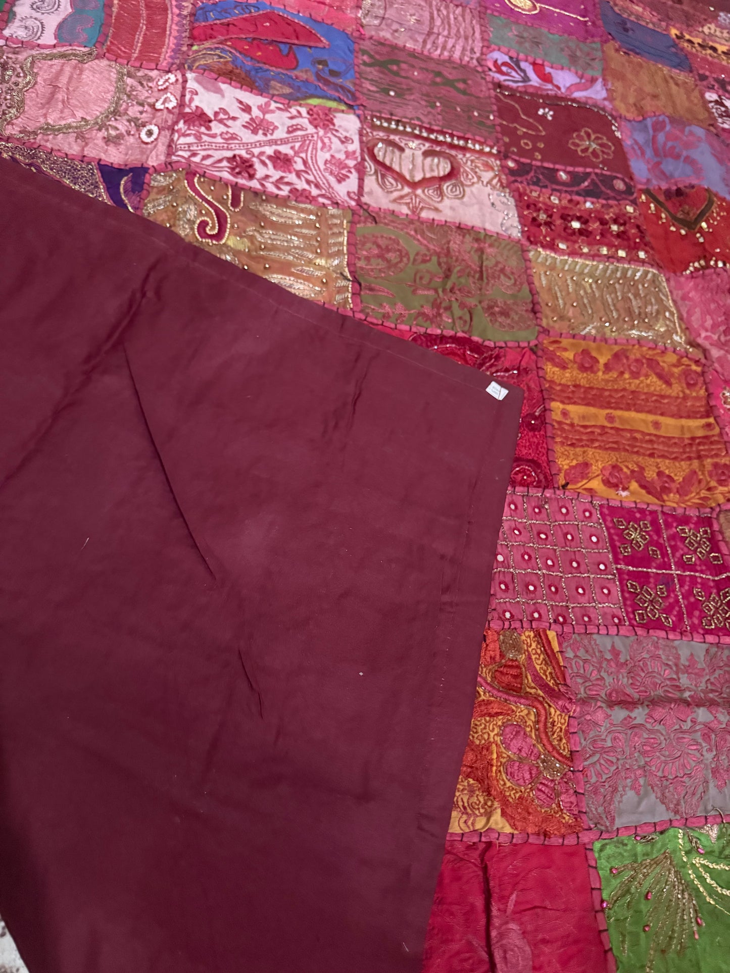 Handmade Embroidered Indian Sari Tapestry – Vintage Zari Patchwork Wall Hanging with Mirror & Sequin Work, Multicolor Boho Ethnic Textile Art Home Décor 59" x 59" Inch Large Square Decoration