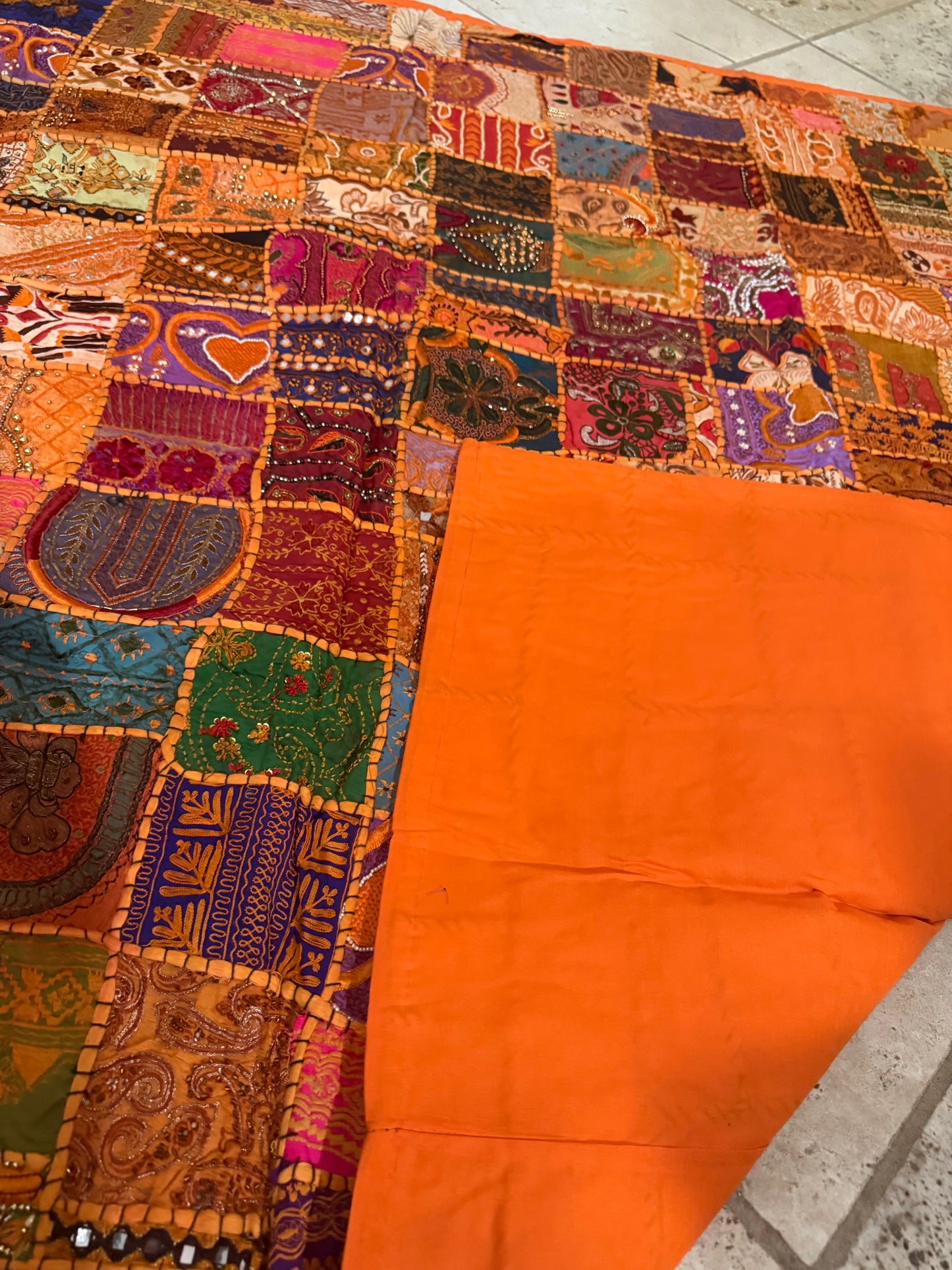 Embroidered Sari Tapestry Wall Hanging: Vintage Indian Zari Work, 58" x 57"