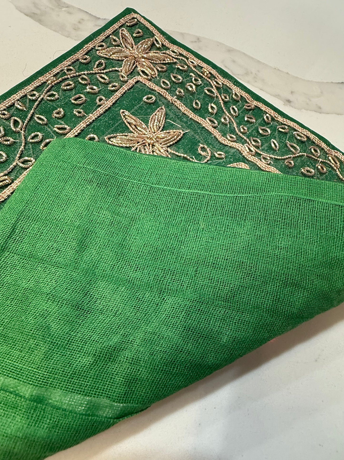 10"x10" Inch Green Handmade Embroidered Organza Pillow Cover: Ethnic Floral Cushion Case