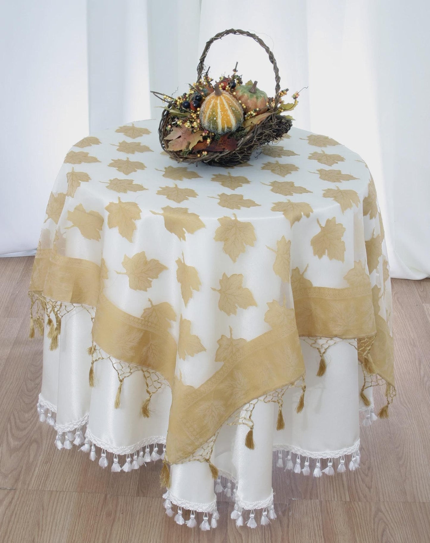 60" Leaf Tablecloth Indian Sheer Tasseled Table Topper Decorative Table Topper