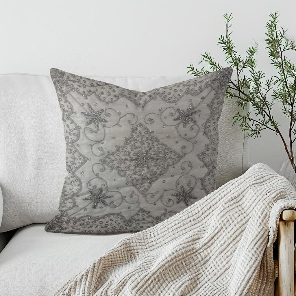 White/Silver Embroidery Handmade Embroidered Organza Pillow Cover: Ethnic Floral Cushion Case Embroidered Organza Pillow Cover: Floral Medallion, Ethnic Decor