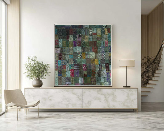 Handmade Embroidered Sari Tapestry Wall Hanging – Vintage Indian Patchwork with Zari, Mirror & Sequin Work, Large Multicolor Boho Decor Textile Art 77" x 74" Inch for Living Room or Bedroom