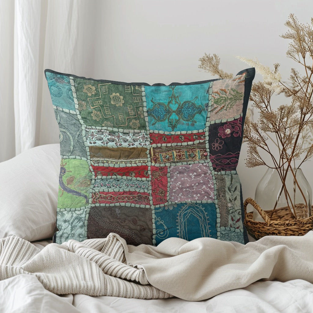 16" Square Embroidered Vintage Tapestry Pillow Cover: Beaded Zari Embroidery, 16" Square (Stacy)