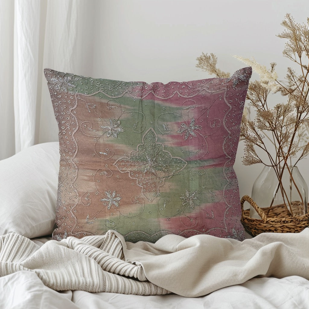 Rainbow 24 Inch Organza Embroidered Pillow Cover: Handmade Zardozi, Ethnic Floral Design