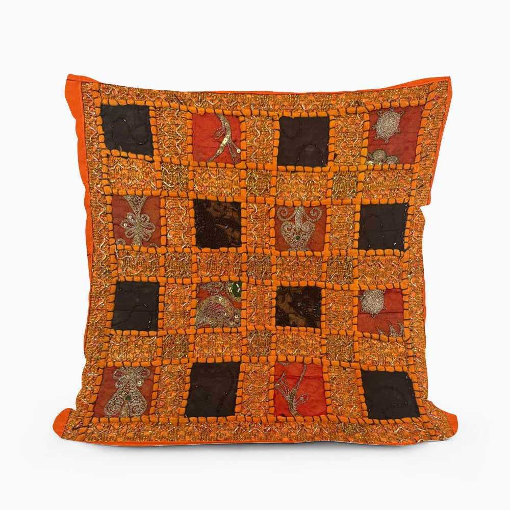 16 Inch Orange Vintage Indian Tapestry Pillow Cover: Zari Beaded Embroidered Throw Pillow