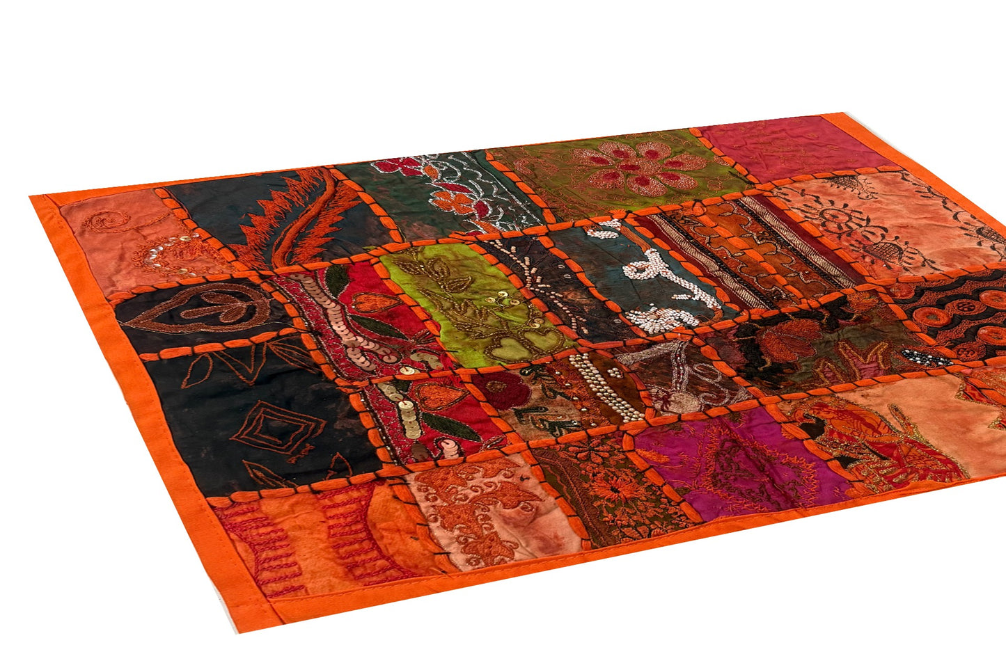 20" Orange Beaded Tapestry Placemat: Zardozi Indian Table Mat
