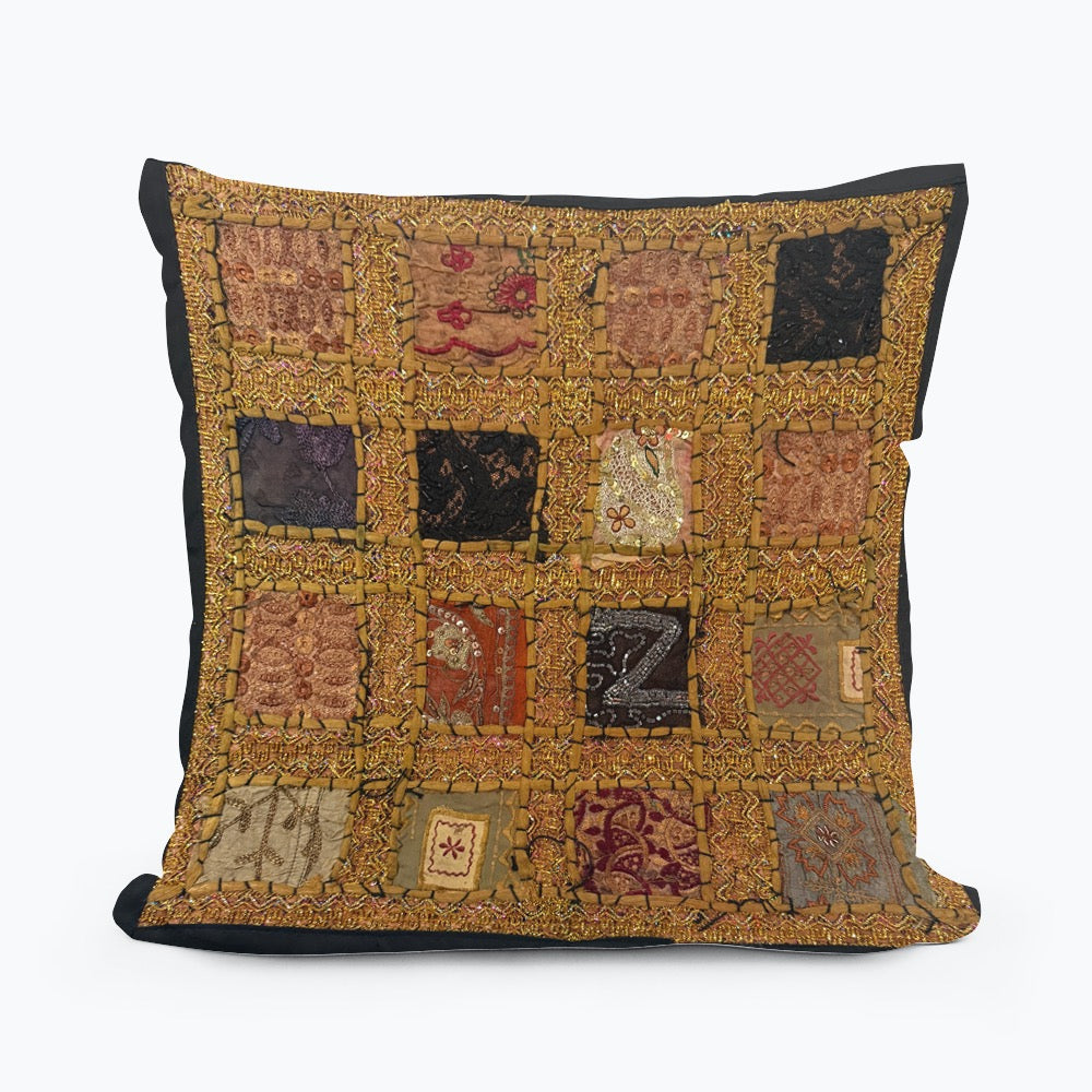 Handmade Indian Patchwork Cushion Cover – 16x16 Inch Boho Tapestry Pillow Vintage Embroidered Tapestry Pillow Cover – 16x16” Bohemian Decor (Jenny)