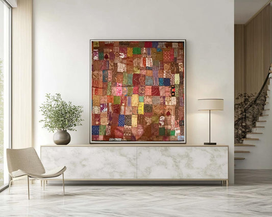 Handmade Embroidered Indian Tapestry Wall Hanging – Vintage Sari Patchwork Zari Mirror Work Boho Decor, Large Multicolor Textile Art 78" x 75" Inch Ethnic Bohemian Home Decoration