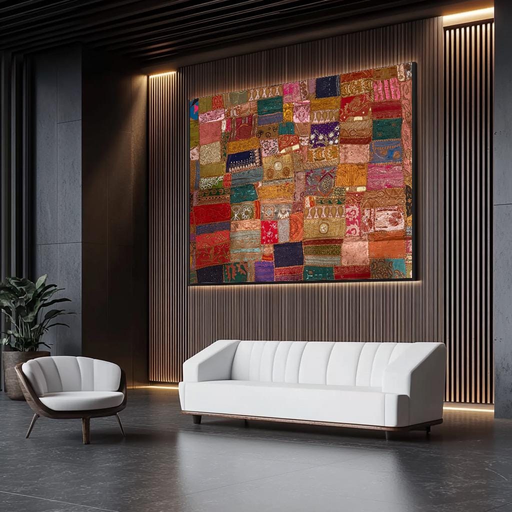 Handmade Embroidered Indian Sari Tapestry Wall Hanging – Vintage Zari Patchwork Mirror Work Boho Decor, Large Multicolor Ethnic Textile Art 60" x 60" Inch for Living Room, Bedroom, or Yoga Space