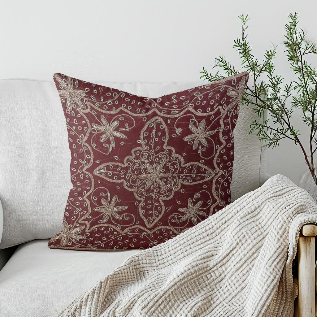 Red Handmade Embroidered Organza Pillow Cover: Ethnic Floral Cushion Case Embroidered Organza Pillow Cover: Floral Medallion, Ethnic Decor