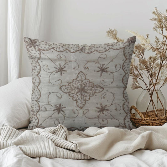 White-Gold 24 Inch Organza Embroidered Pillow Cover: Handmade Zardozi, Ethnic Floral Design
