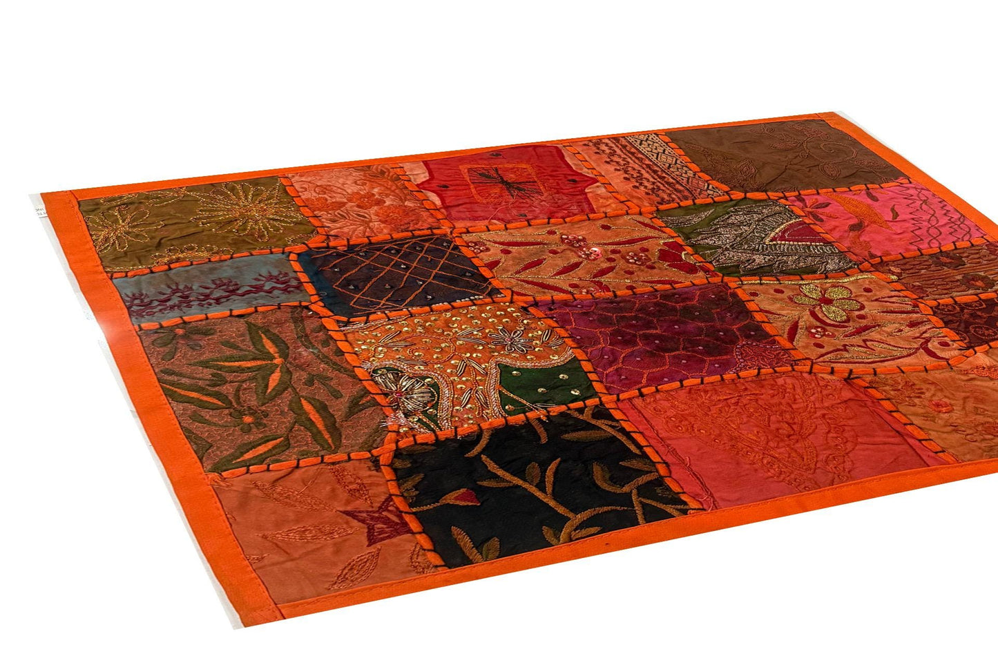 20" Orange Beaded Tapestry Placemat: Zardozi Indian Table Mat