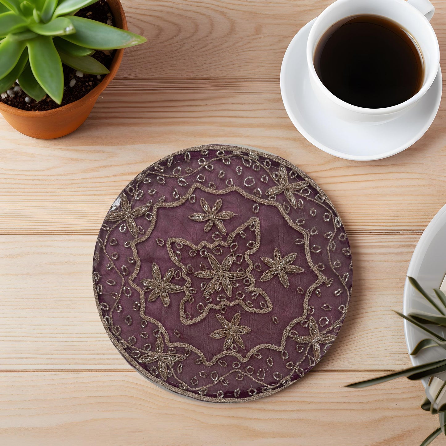 10" Sheer Beaded Floral Placemats (Set of 2): Indian Zardozi Table Decor