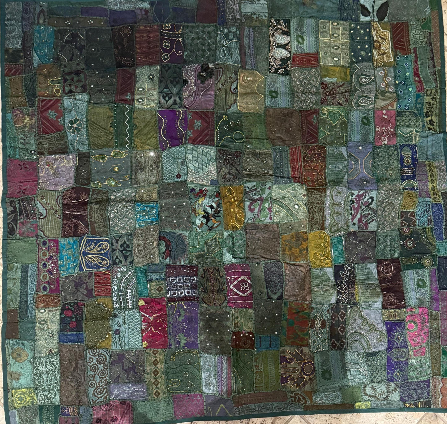 Handmade Embroidered Sari Tapestry Wall Hanging – Vintage Indian Patchwork with Zari, Mirror & Sequin Work, Large Multicolor Boho Decor Textile Art 77" x 74" Inch for Living Room or Bedroom