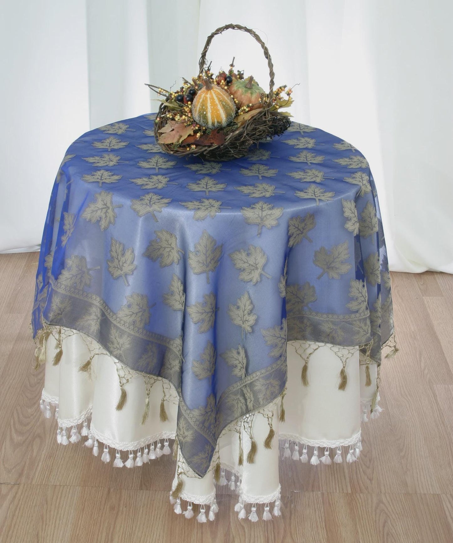 44 Inch Leaf Design Organza Tablecloth - Tasseled Elegant Fall Decor