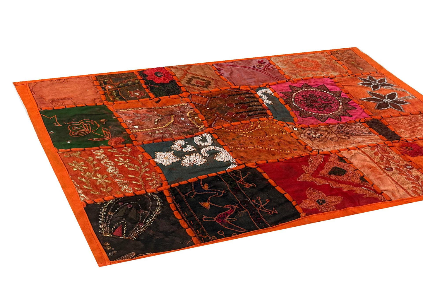20" Orange Beaded Tapestry Placemat: Zardozi Indian Table Mat