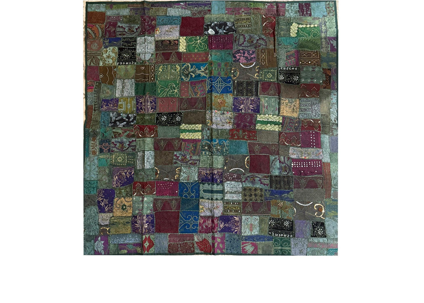 Handmade Embroidered Sari Tapestry Wall Hanging – Vintage Indian Patchwork with Zari, Mirror & Sequin Work, Large Multicolor Boho Decor Textile Art 77" x 76" Inch for Living Room or Bedroom