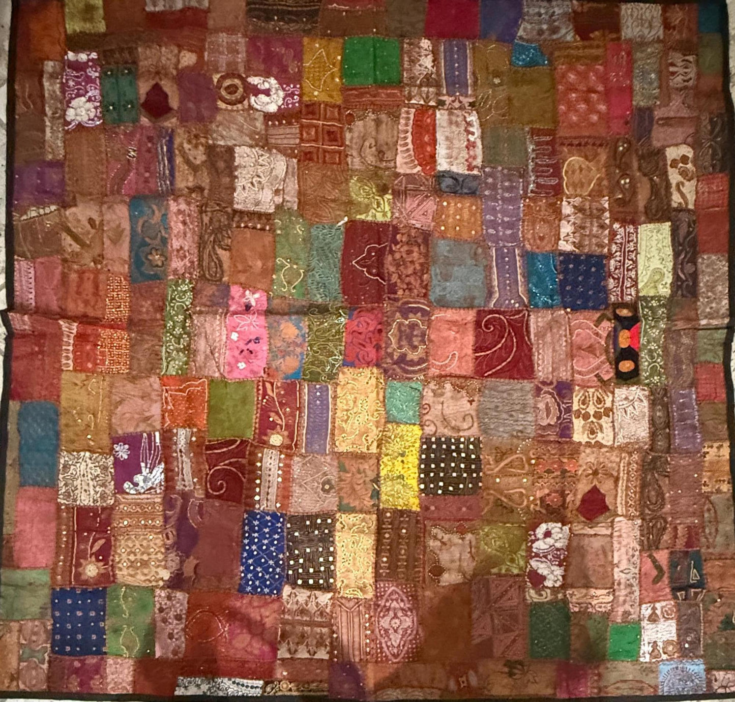 Handmade Embroidered Indian Tapestry Wall Hanging – Vintage Sari Patchwork Zari Mirror Work Boho Decor, Large Multicolor Textile Art 78" x 75" Inch Ethnic Bohemian Home Decoration