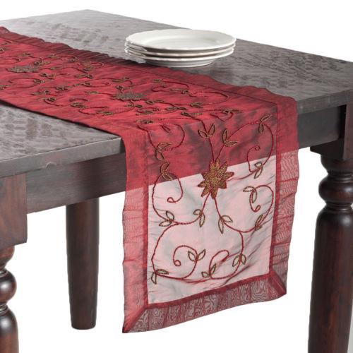 Beaded Table Runner: Indian Sari Fabric with Gold Tassels (16" x 72")