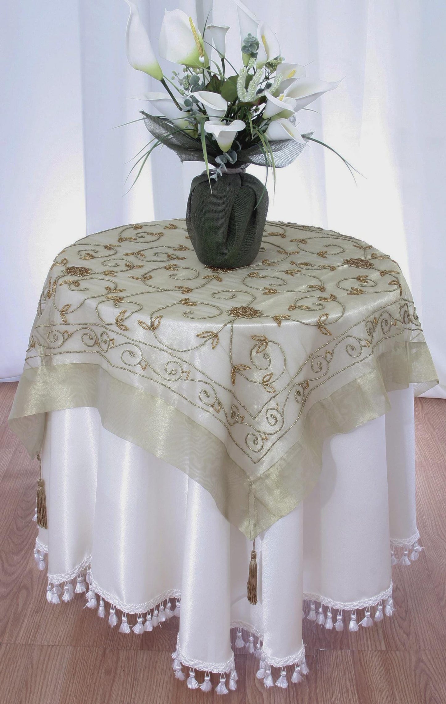 35 Inch Beaded Tasseled Tablecloth: Floral Sheer Table Linen, Handcrafted in India