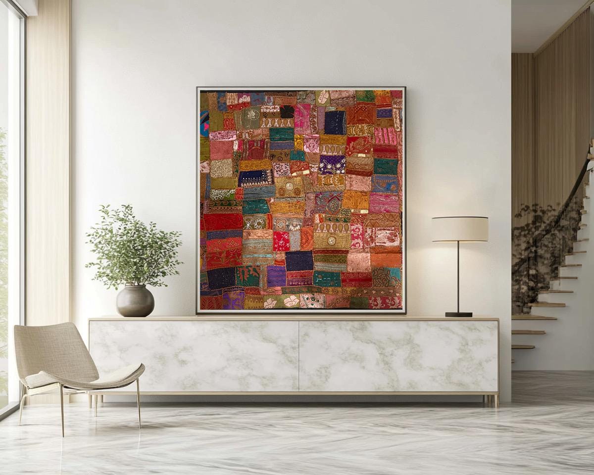 Handmade Embroidered Indian Sari Tapestry Wall Hanging – Vintage Zari Patchwork Mirror Work Boho Decor, Large Multicolor Ethnic Textile Art 60" x 60" Inch for Living Room, Bedroom, or Yoga Space