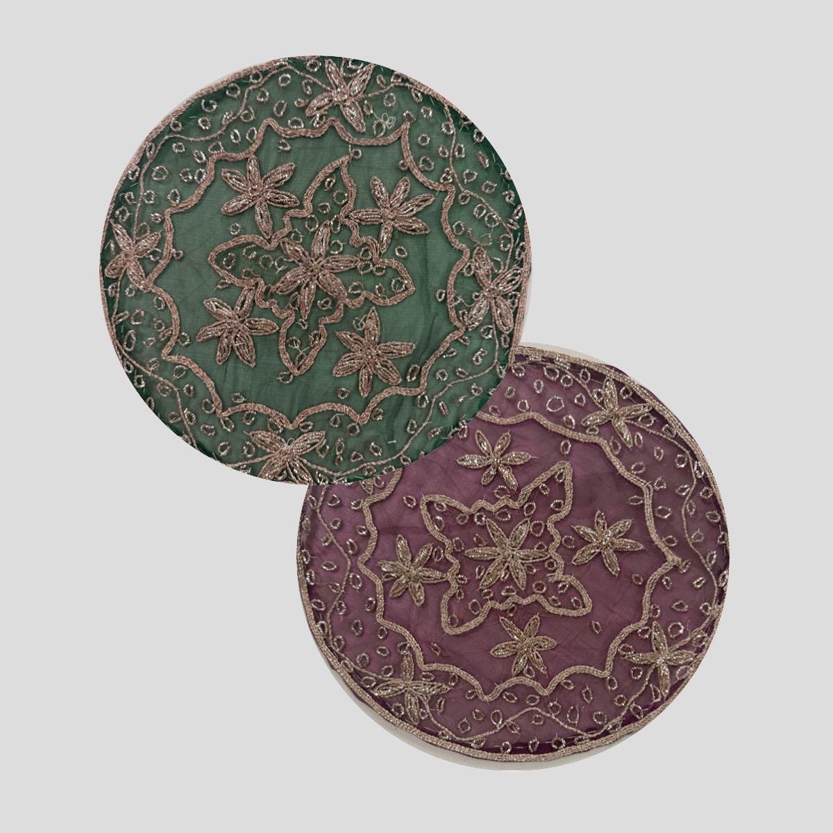 10" Sheer Beaded Floral Placemats (Set of 2): Indian Zardozi Table Decor