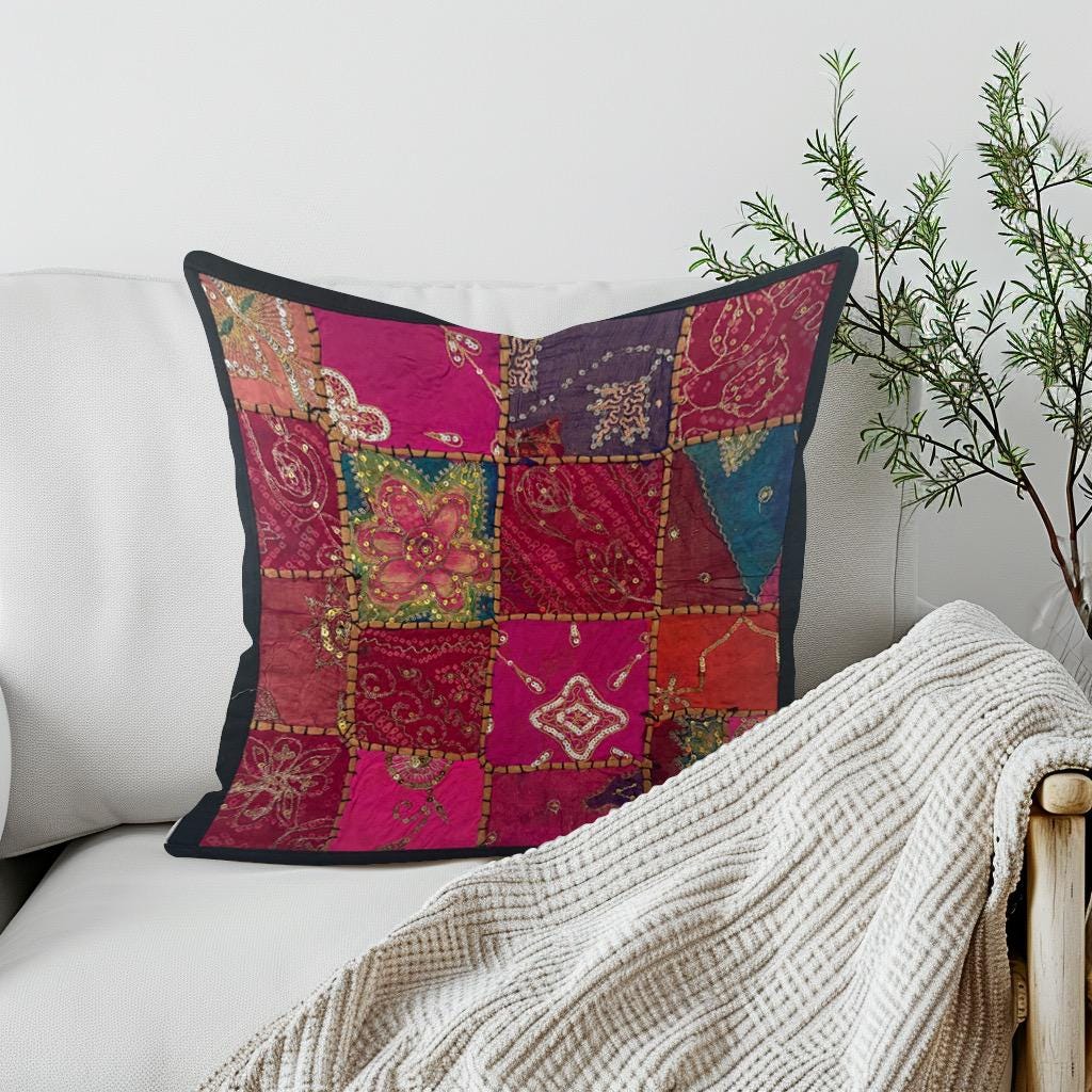 16" Tapestry Patchwork Pillow Cases Indian Handmade Beaded Cushion Cover Decor Black Beaded Tapestry Pillow Cover: Vintage Indian Embroidered Cushion (Dolly)