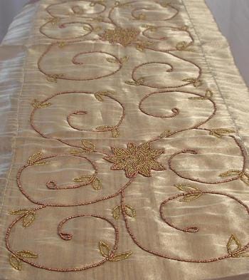 Beaded Table Runner: Indian Sari Fabric with Gold Tassels (16" x 72")