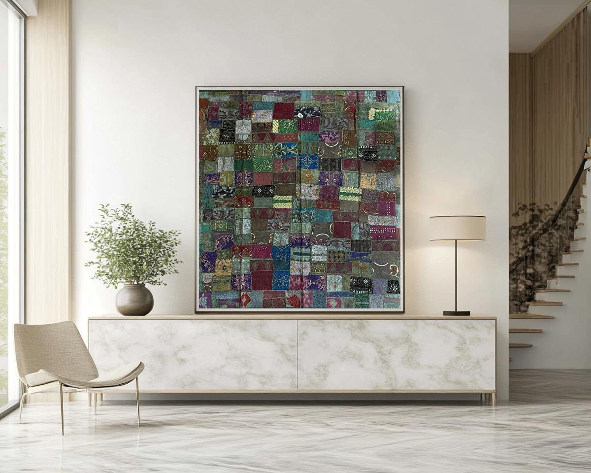 Handmade Embroidered Sari Tapestry Wall Hanging – Vintage Indian Patchwork with Zari, Mirror & Sequin Work, Large Multicolor Boho Decor Textile Art 77" x 76" Inch for Living Room or Bedroom