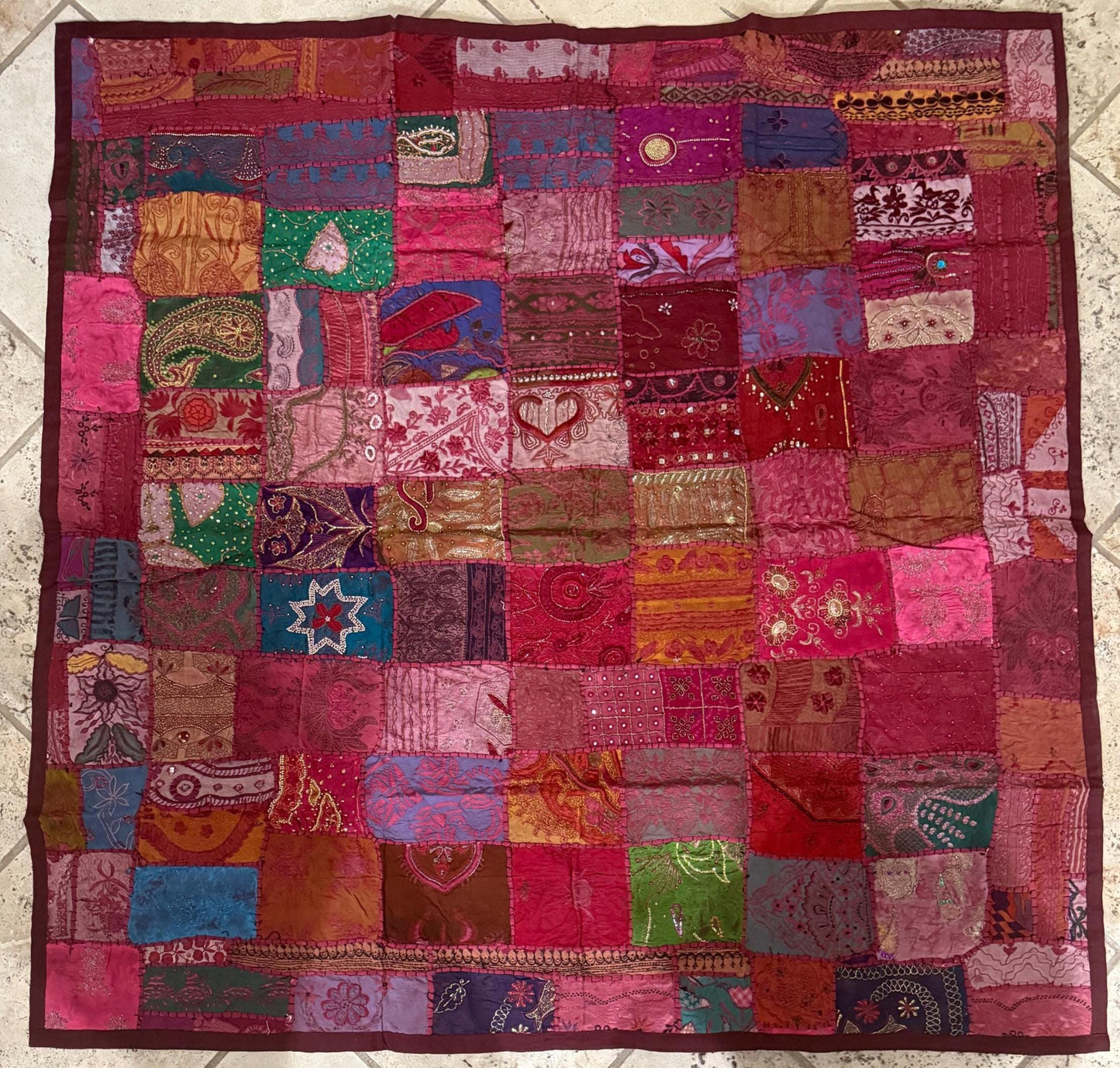 Handmade Embroidered Indian Sari Tapestry – Vintage Zari Patchwork Wall Hanging with Mirror & Sequin Work, Multicolor Boho Ethnic Textile Art Home Décor 59" x 59" Inch Large Square Decoration