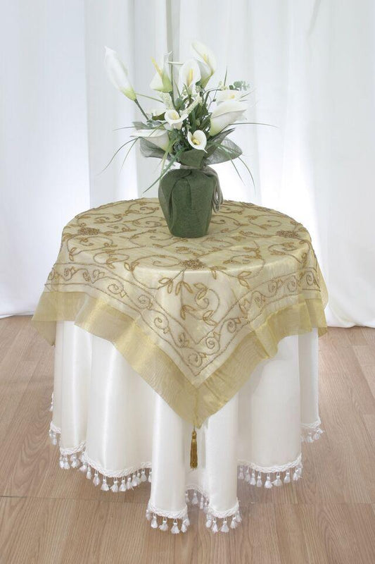 35 Inch Beaded Tasseled Tablecloth: Floral Sheer Table Linen, Handcrafted in India