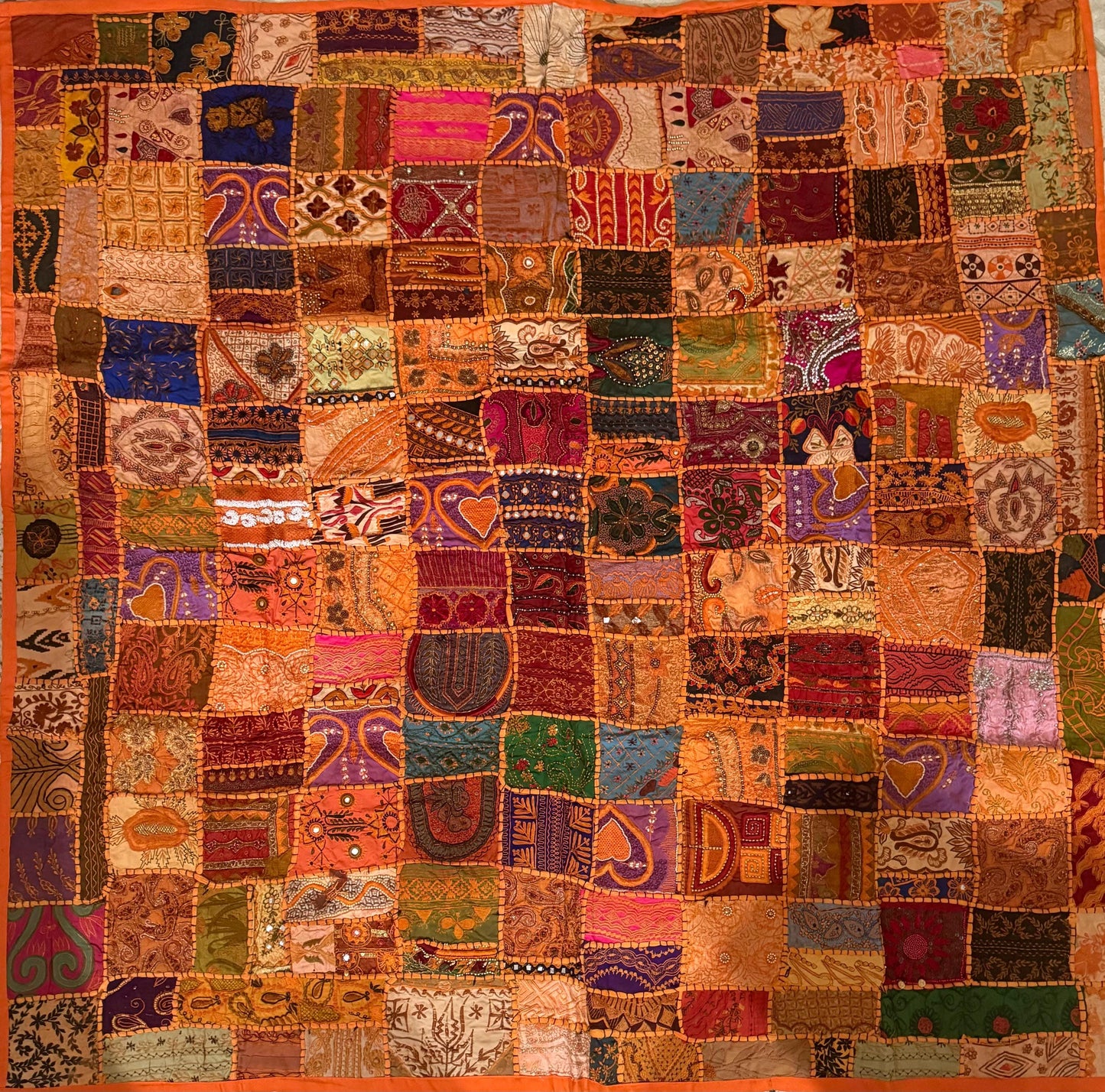 Embroidered Sari Tapestry Wall Hanging: Vintage Indian Zari Work, 58" x 57"