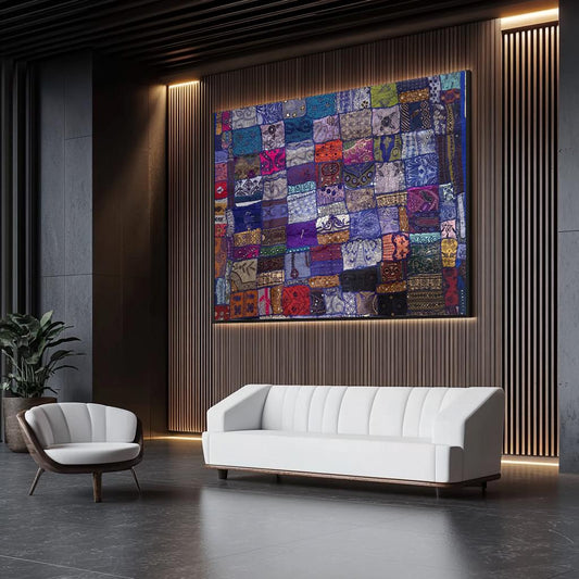 Handmade Embroidered Indian Sari Tapestry – Vintage Zari Patchwork Wall Hanging with Mirror & Sequin Work, Multicolor Boho Ethnic Textile Art Home Décor 59" x 59" Inch Large Square Decoration