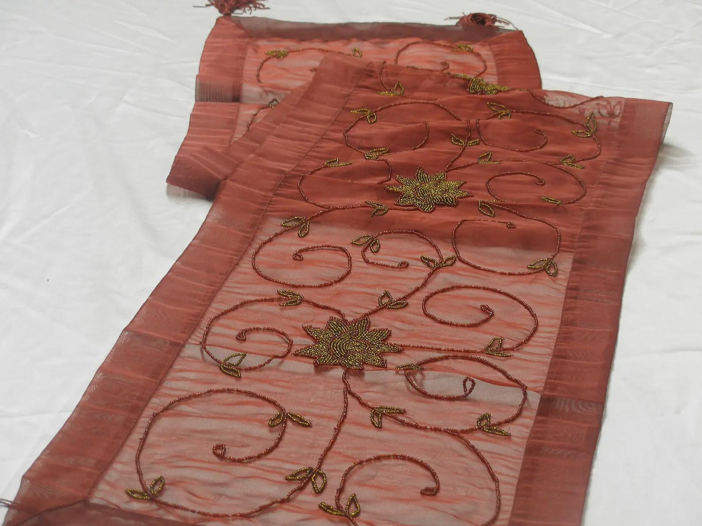 Beaded Table Runner: Indian Sari Fabric with Gold Tassels (16" x 72")