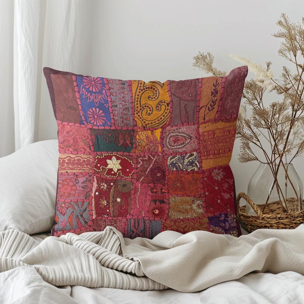 Handmade Indian Patchwork Cushion Cover – 16x16 Inch Red Boho Tapestry Pillow Burgundy Beaded Tapestry Pillow Cover: Vintage Indian Embroidered Cushion