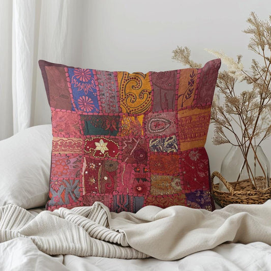 Handmade Indian Patchwork Cushion Cover – 16x16 Inch Red Boho Tapestry Pillow Burgundy Beaded Tapestry Pillow Cover: Vintage Indian Embroidered Cushion