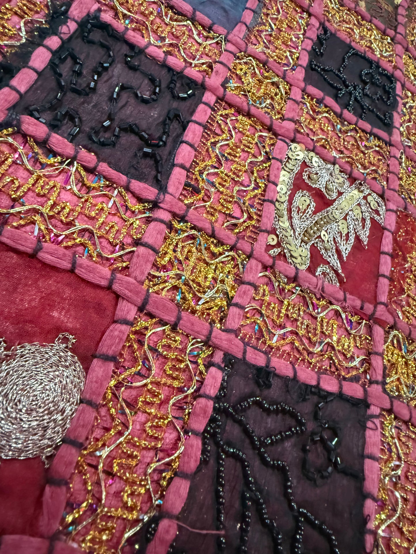 Handmade Indian Patchwork Cushion Cover – 16x16 Inch Red Boho Tapestry Pillow Burgundy Beaded Tapestry Pillow Cover: Vintage Indian Embroidered Cushion #11