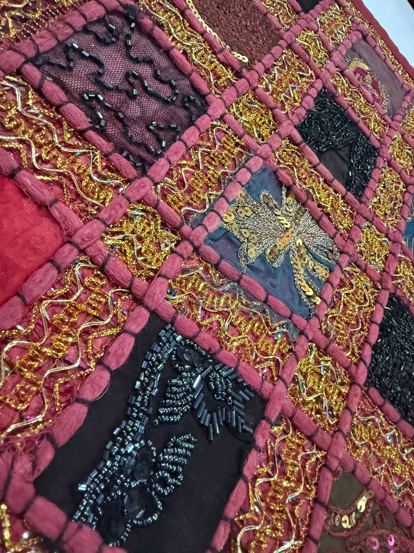 Handmade Indian Patchwork Cushion Cover – 16x16 Inch Red Boho Tapestry Pillow Burgundy Beaded Tapestry Pillow Cover: Vintage Indian Embroidered Cushion #12