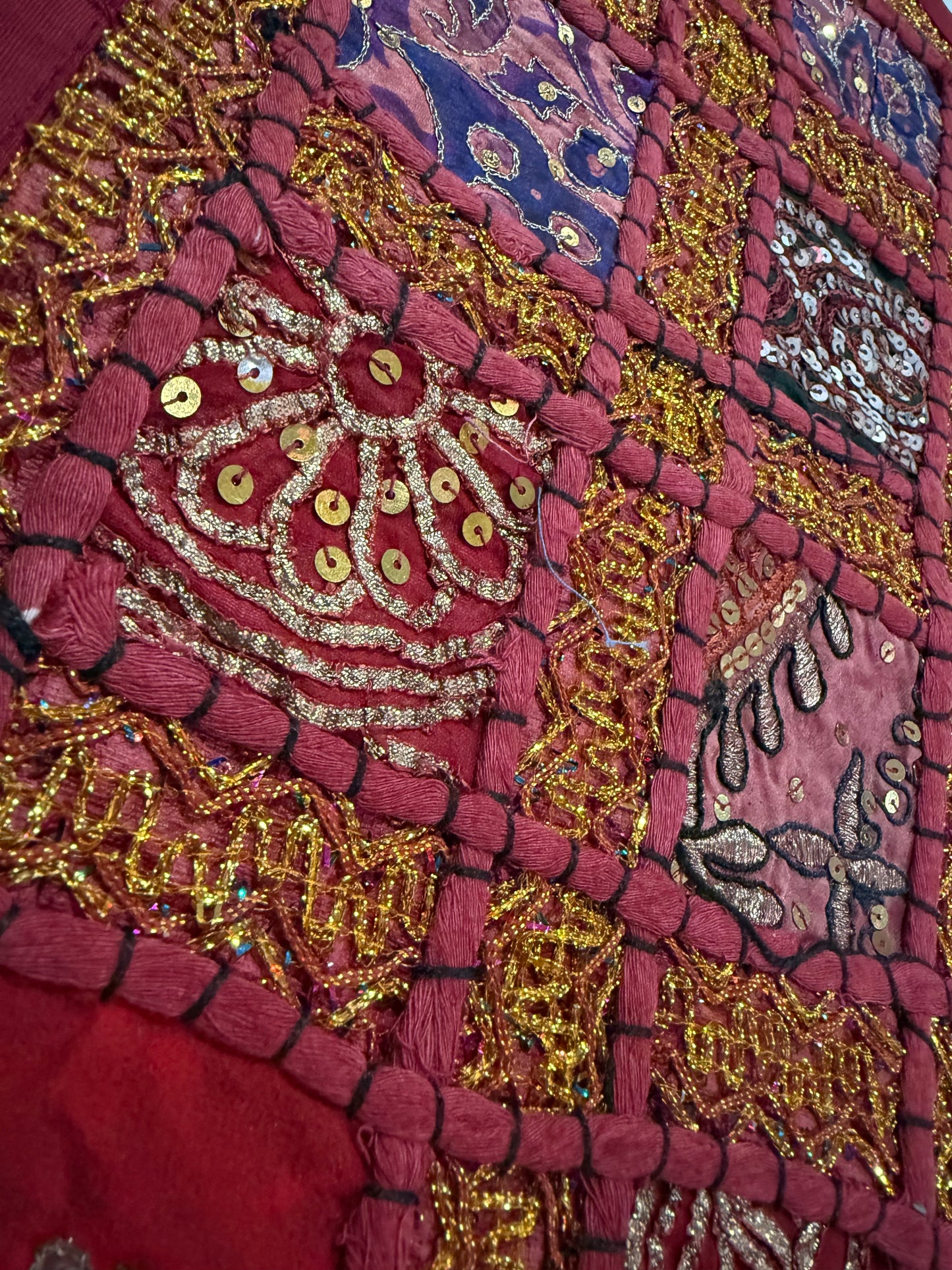 Handmade Indian Patchwork Cushion Cover – 16x16 Inch Red Boho Tapestry Pillow Burgundy Beaded Tapestry Pillow Cover: Vintage Indian Embroidered Cushion #14